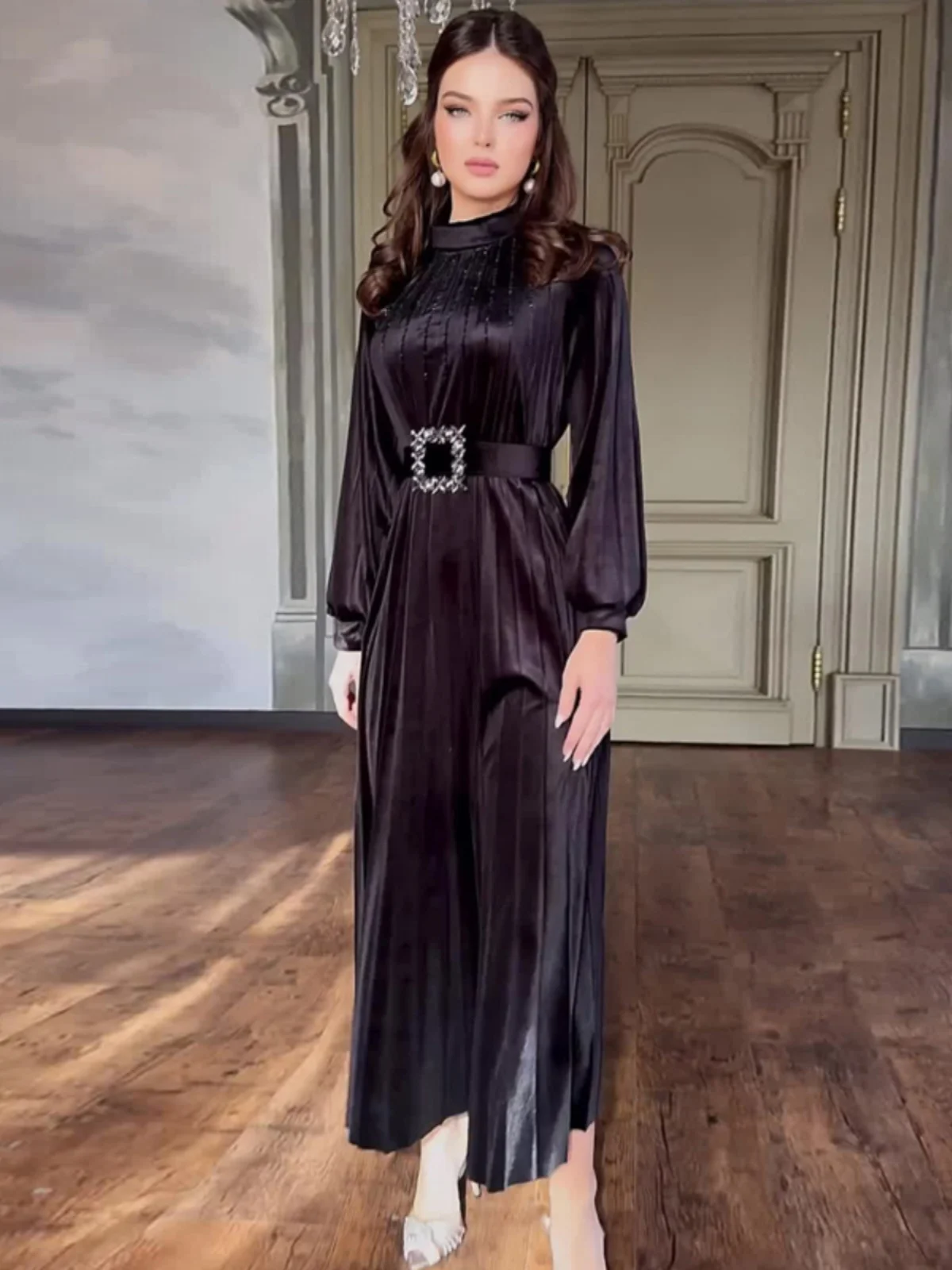 Faionable plissé longue Sve couleur Pure femme Dr Ele automne haut de gamme sentiment jupe Midi français Sle pièce unique