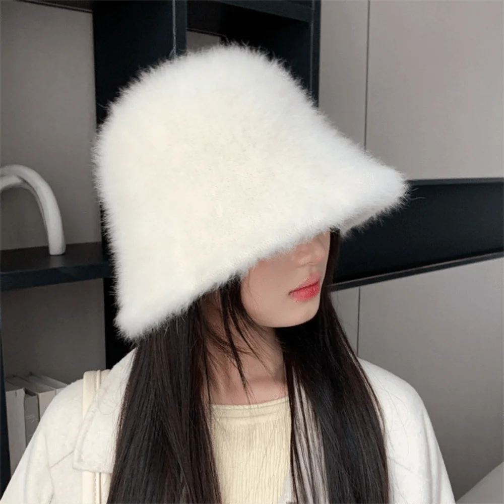 

Elegant Knitted Plush Bucket Cap Warm Solid Color Winter Fisherman Hat Versatile Furry Anti-cold Bucket Hat Autumn
