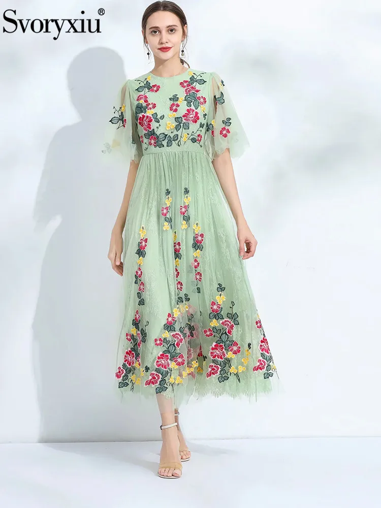 

Svoryxiu Runway Fashion Summer Party Elegant Long Dress Women's O-Neck Net Yarn Floral Embroidery High Waist Big Swing Dress