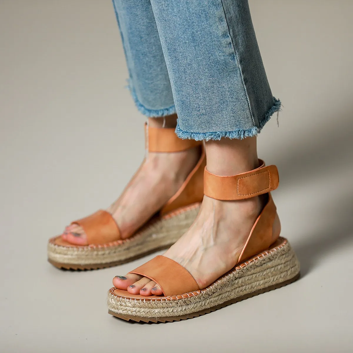 One Strap Sandals Cowhide Summer Lady Hemp Vintage Shoes WomanEspadrilles  Womens Platform Sandal Gladiator Shoes Wedge Sandals