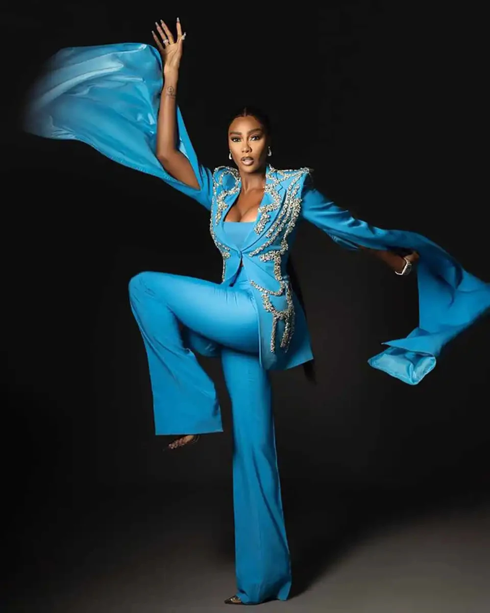 مصمم المرأة سترة طويلة كريستال البدلات الرسمية طويلة الأكمام الذروة التلبيب سيدة سليم صالح معطف 3 قطعة سترة السراويل صديرية دائرية مخصصة