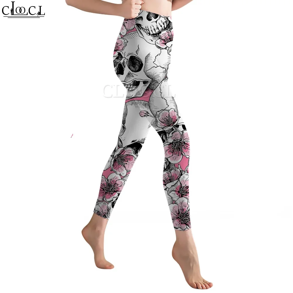 CLOOCL ผู้หญิงเลกกิ้งดอกพีชและกะโหลก 3D พิมพ์กางเกงสำหรับหญิงออกกำลังกายดันขึ้นจ๊อกกิ้งกางเกงเอวสูง