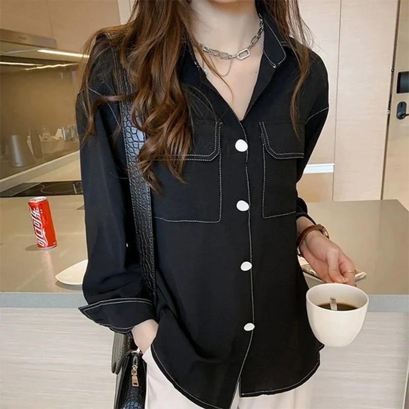 2024 Spring Autumn New Korean Edition Chiffon Shirt for Women's Spring Autumn Loose Unique Loose Profession Commuting Bottom Top