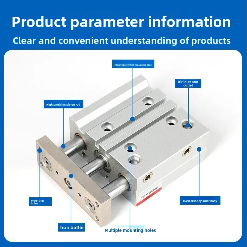 

Направляемый цилиндр серии TCM, диаметр отверстия 12/16/20/25/32/40/50/63 мм, три оси, три стержня, ход поршня 5-400 мм, с магнитными пневматическими цилиндрами