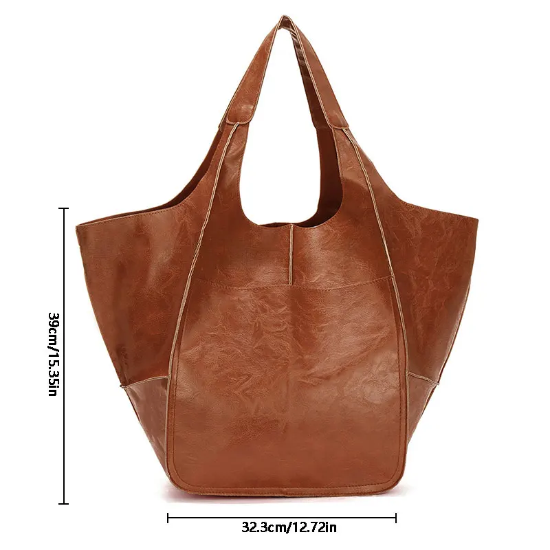 Fashion And Versatile Leather Bag PU Bag Soft Leather Casual Retro Simple Large Bag Large Capacity One Shoulder Hand Tote Bag