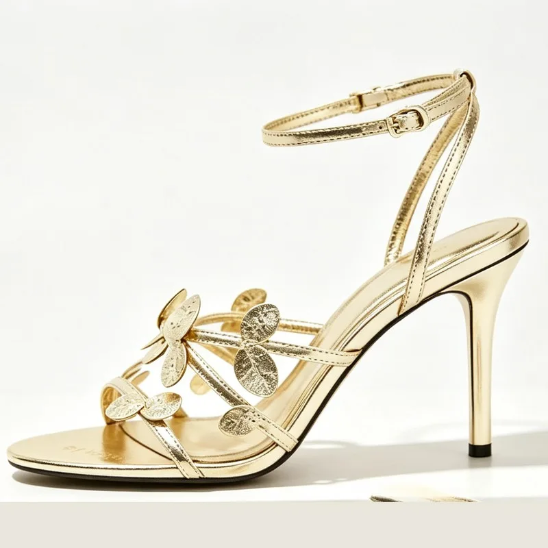 Elegant Gold Leaf Narrow Band High Heeled Sandals Women Fashion Open Toe Ankle Buckle Dress Shoes Luxury Brand Designer Shoes image 4