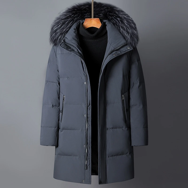 2024 Autumn/Winter New Men's Long Hooded Down Jacket with Large Hairy Neck Hat Thickened Cold proof and Warm Down Jacket