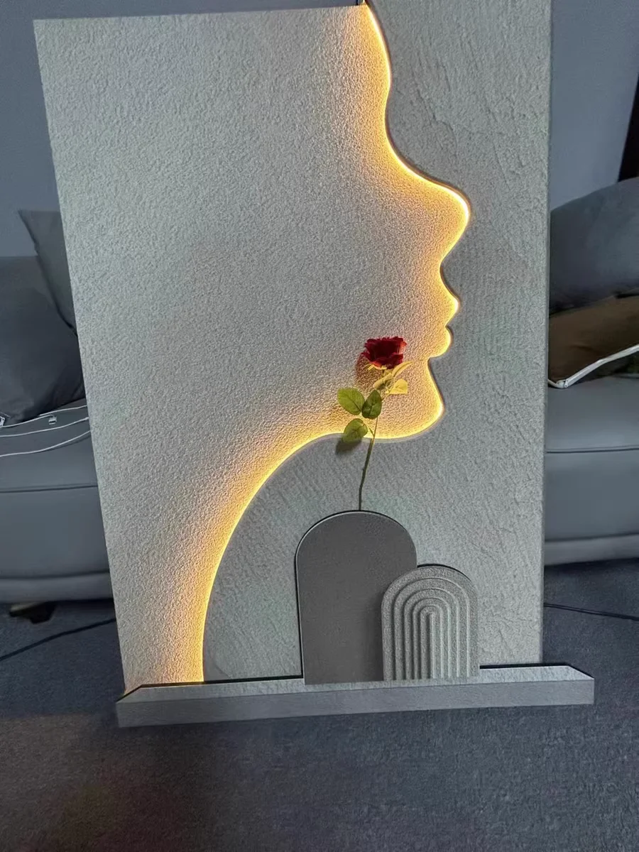 Cream style glowing figure 3D sandstone bedroom mural, simple LED wall light GN256TB