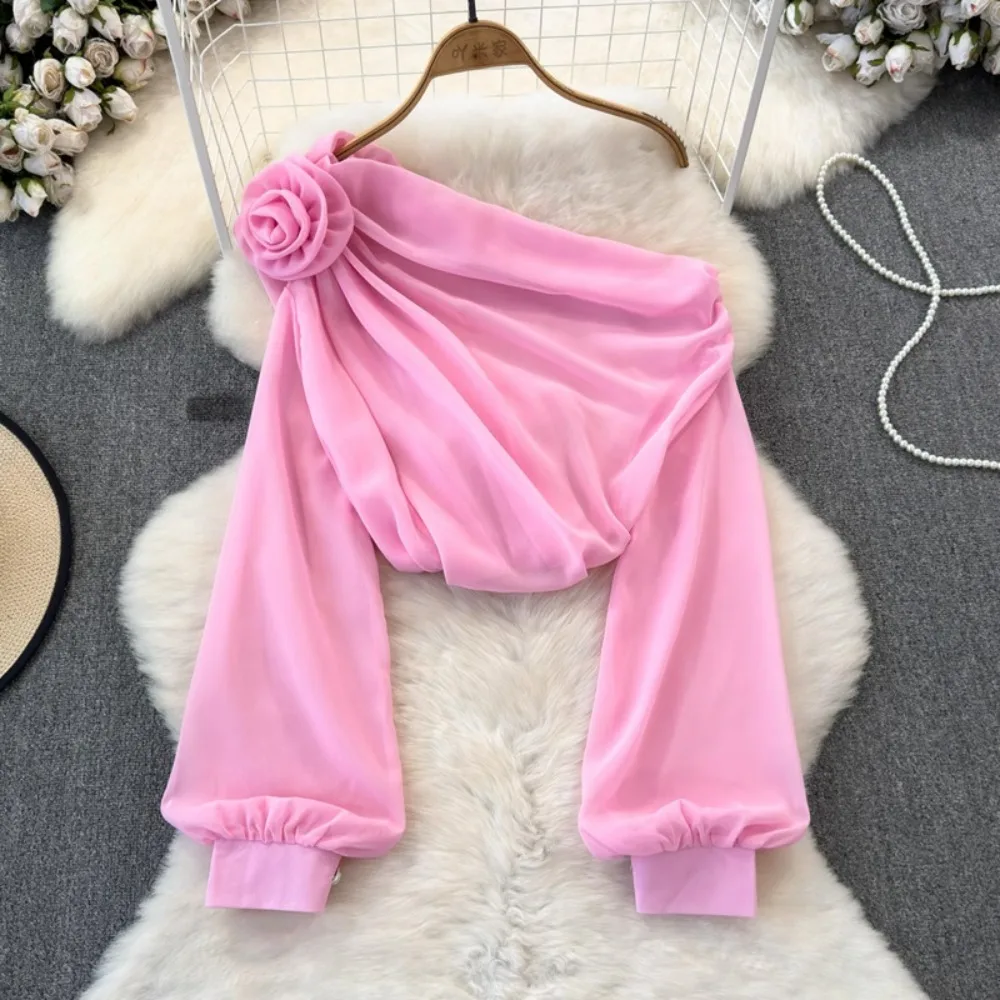 

Весенне-осенний топ свободного кроя с асимметричным вырезом и 3D-цветами в европейском и американском стиле для женщин