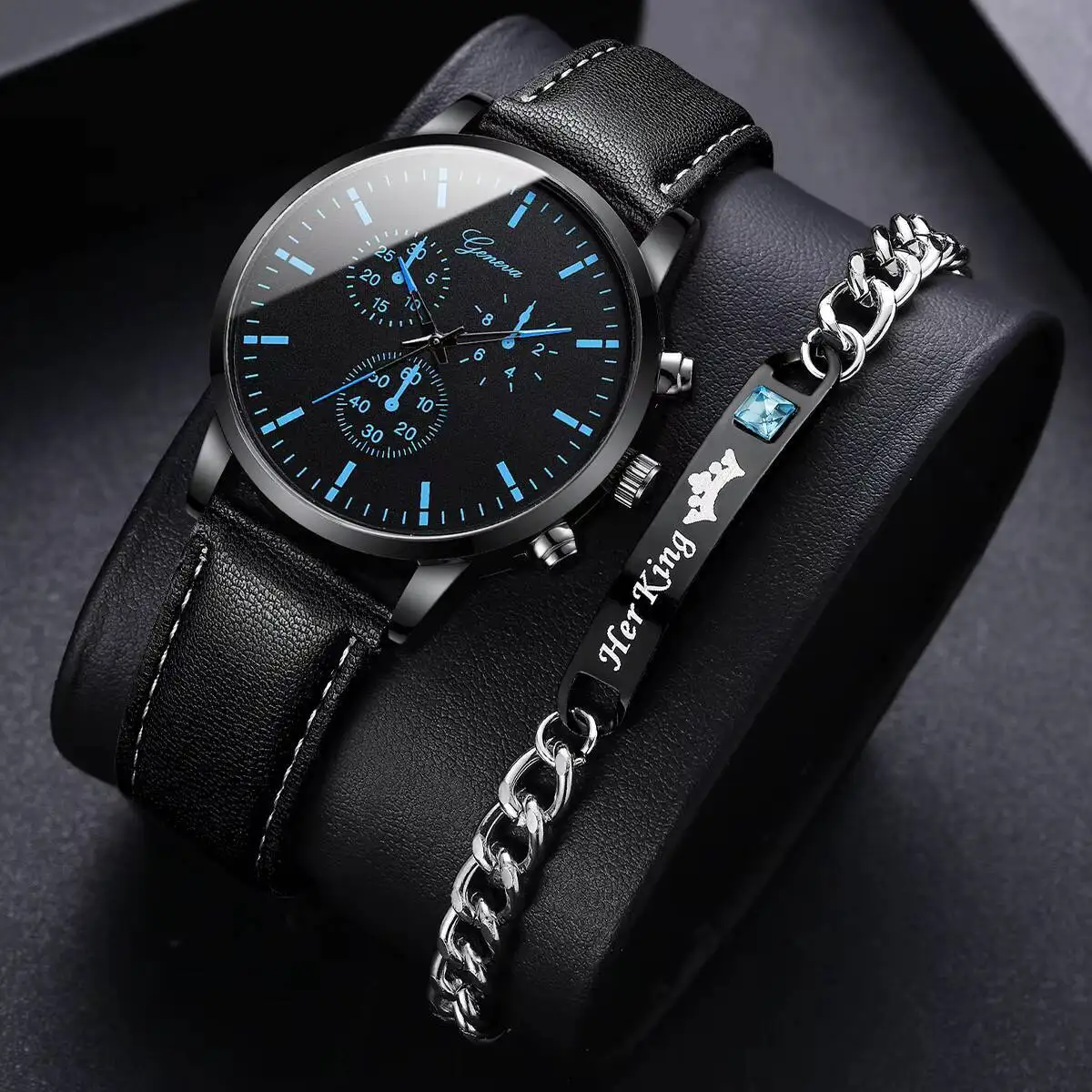 2PCS/Set Men's Business Wristwatch Casual Leather Band Analog Quartz Watches Bracelet Set Reloj Hombre