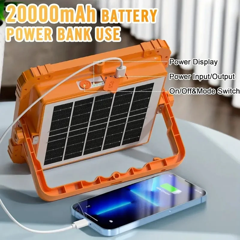 Powerful 400㎡ Solar Rechargeable Camping Light 20000mAh Power Bank LED Flashlights Magnet Portable Lantern Repair Emergency Lamp