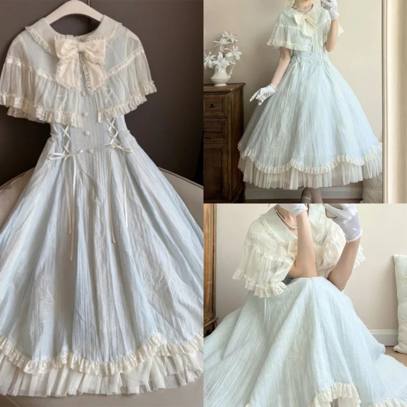 

Bow Lace Dresses Summer Y2K Lolita Kawaii Sweet Tie JK Splicing Layered Ruffle Edge Loose Dress A-line Girl Long Skirt Dress New
