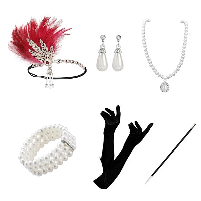 1920s Flapper Girls Fashion Accessories Sets Costume 20s Gatsby Feather Headband Headwear Earrings Gloves Necklace Jewelry 25