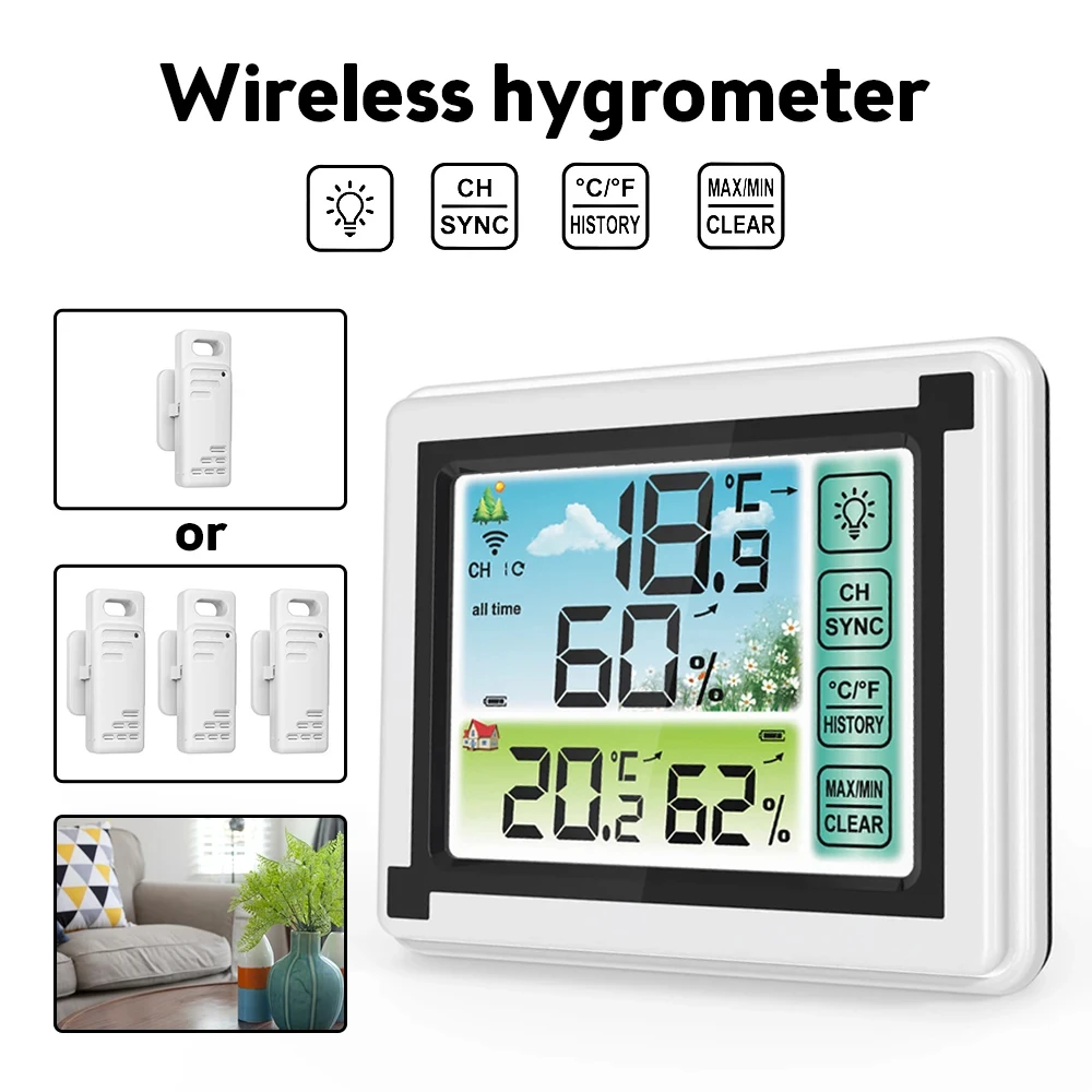 Indoor Outdoor Thermohygrometer Touch Color Screen Weather Station Wireless Thermometer Hygrometer Temperature Humidity Monitor