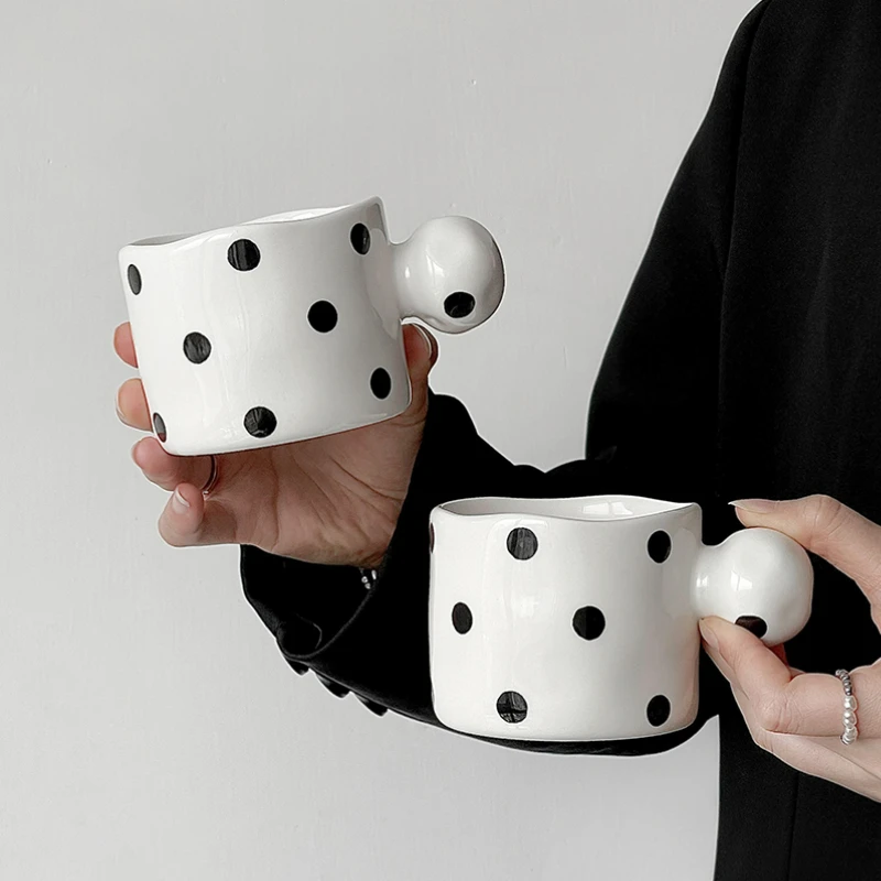 Black and White Polka Dot Ceramic Mug, Creative, Irregular, Milk, Coffee, Breakfast Cup, Home, Kitchen Accessories for Girls