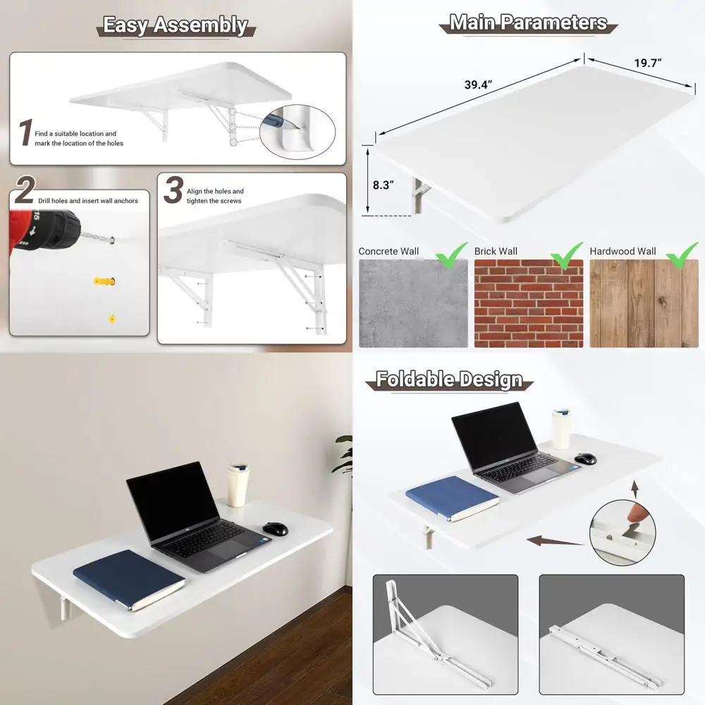 

Space-Saving White Wall-Mounted Folding Laundry Table, 39.4L x 19.7W with Metal Brackets