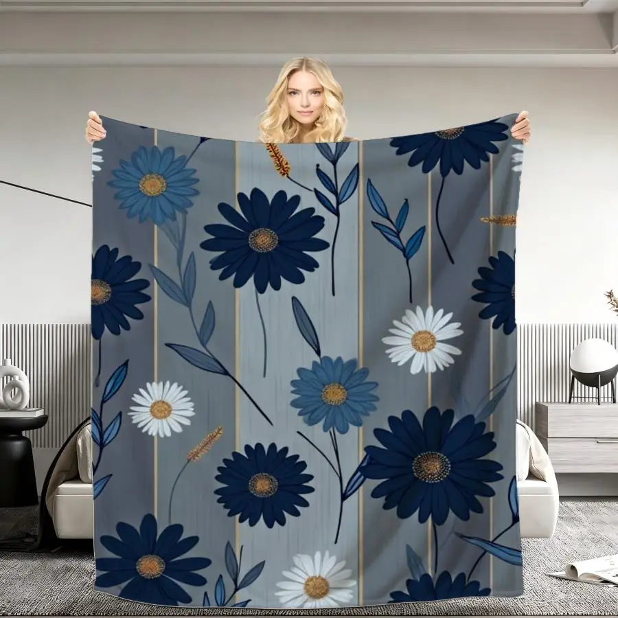 1pc 280GSM Flannel Blanket with Navy and Sky Blue Daisy Floral Print on Rustic Wood Grain Background, Lightweight All-Season Throw for Sofa, Bed, Travel, and Office Perfect as Home Decoration & Holiday Gift Choice.