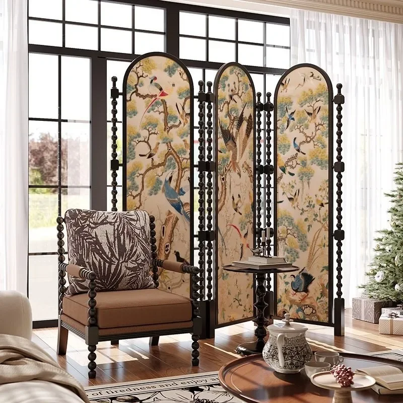 for French Antique Style Folding Screen Solid Wood Creative Room Divider for Living Room Hotel Bed and Breakfast Restaurant