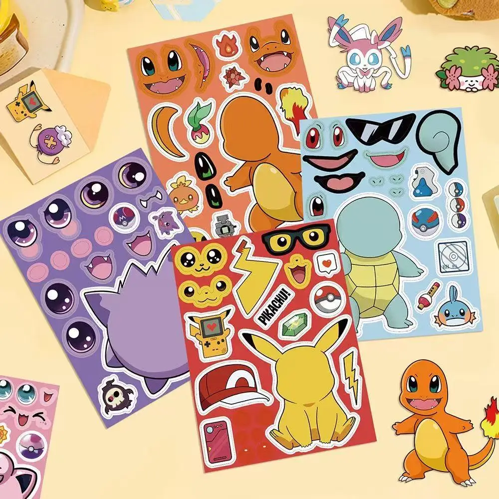 8 Vellen Anime Pokemon Cartoon Puzzel Stickers Pikachu Kinderen Maken Een Gezicht DIY Speelgoed Grappig Monteren Jigsaw Kids Jongens meisjes Party