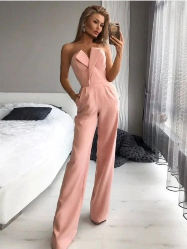 2025 Women's Elegant Jumpsuits Solid Off Shoulder Sexy Club Jumpsuit Female Sleeveless High Waist Slim Wide Leg Jumpsuit Pants