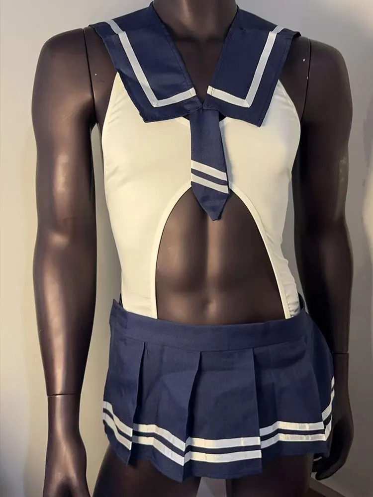 Men's sexy porno lingerie Tie hollow out crotchless mini skirt role-playing costume Sailor Uniform Themed sex suit femboy adult - view 6
