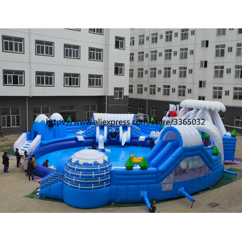 Commercial Outdoor Giant Inflatable Land Water Park, Inflatable Water Slide With Pool