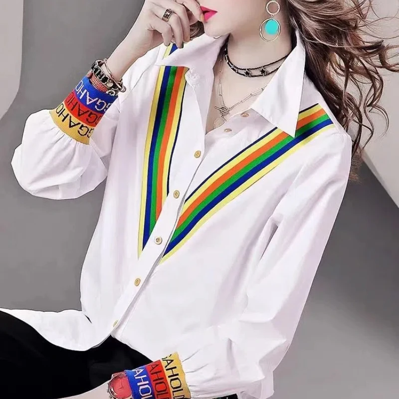 

2024 Spring and Autumn New Shirt Fashion Versatile Women Top Loose and Comfortable Shirt Niche Office Lady Rainbow Design Sense