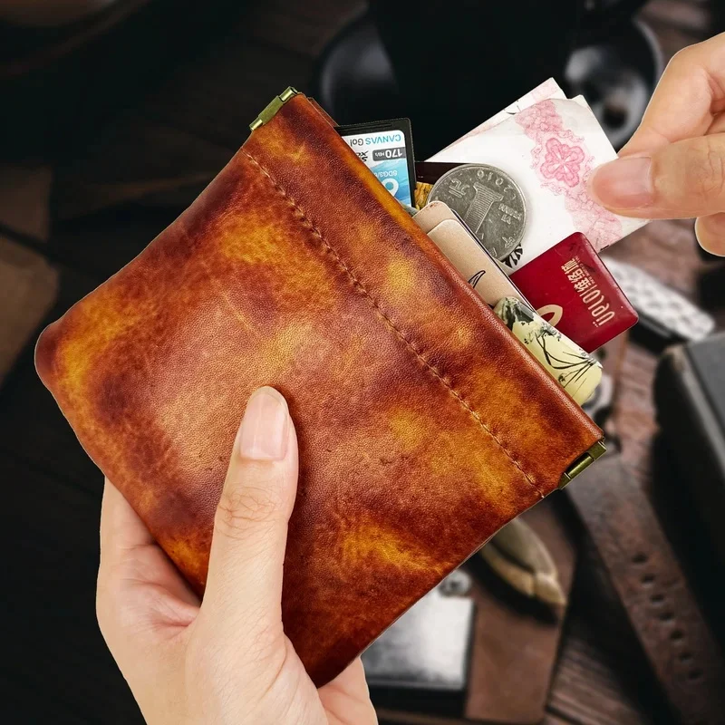 High Quality Genuine Leather Women Wallet Portable Retro Small Storage Bag Automatic Closing Magnetic Male Coin Walet
