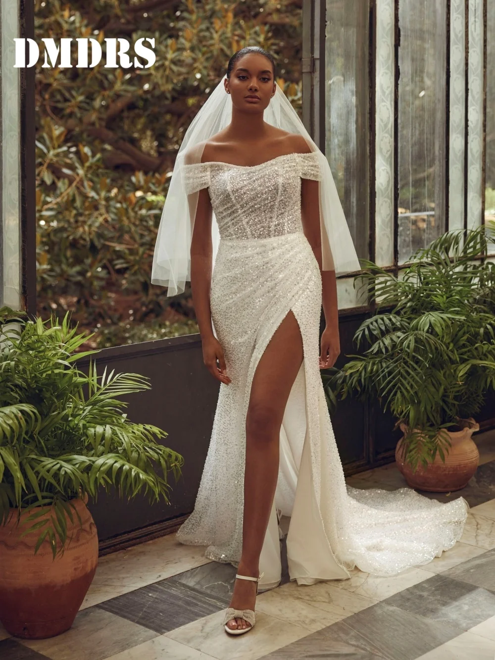 

Sparkling Off-Shoulder Wedding Dresses Charming Sequin Bridal Gowns Sexy Side-Slit Floor-Length Wedding Gowns Vestidos De Novia