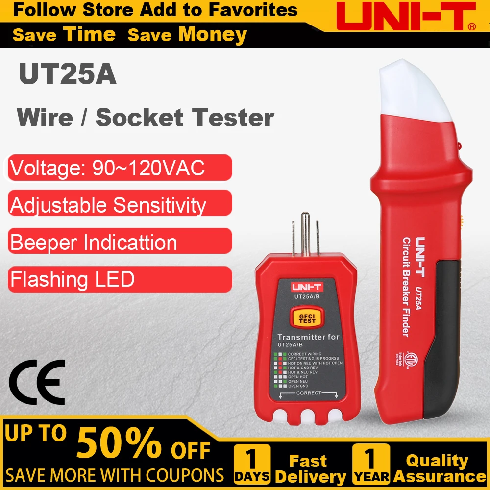 UNI-T-Circuit Breaker Finder, Indicador LED, Soquete Tester, Sensibilidade Ajustável, Beeper Receptor Analógico, UT25A, 90-120V