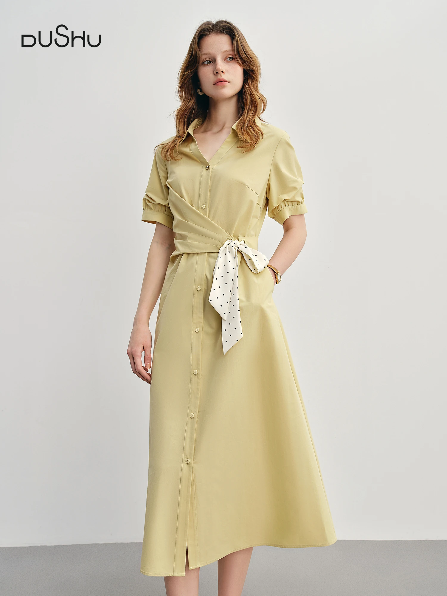 

DUSHU Women's Daily Commuting Tie Shirt Dress 2025 New High Waist Slimming A-line V-neck Long Dress with Ribbon 25DS82970