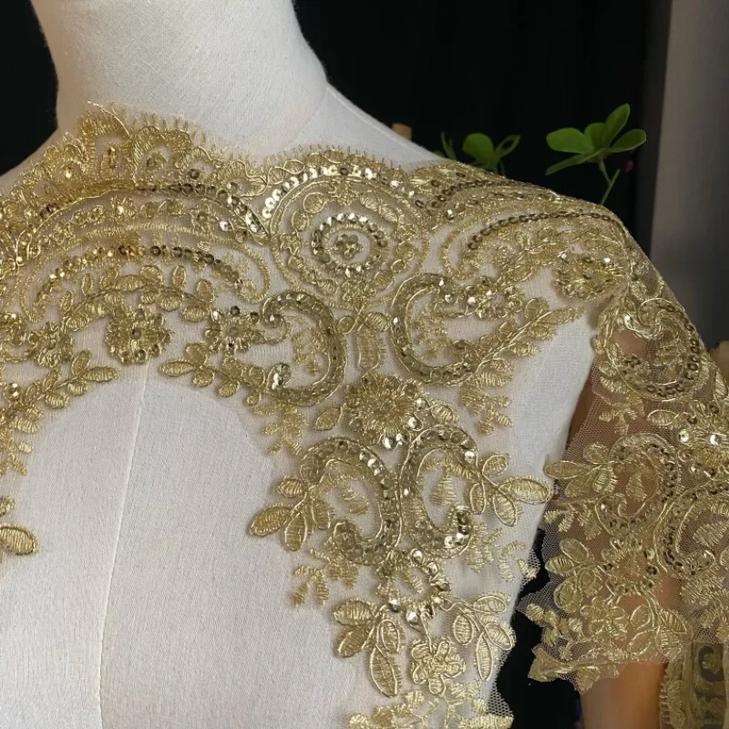3-yard Luxury Exquisite Gold Sequin Piped Lace Trim for Wedding Dresses Curtains Home Decoration 13CM Wide Gold Lace Trim