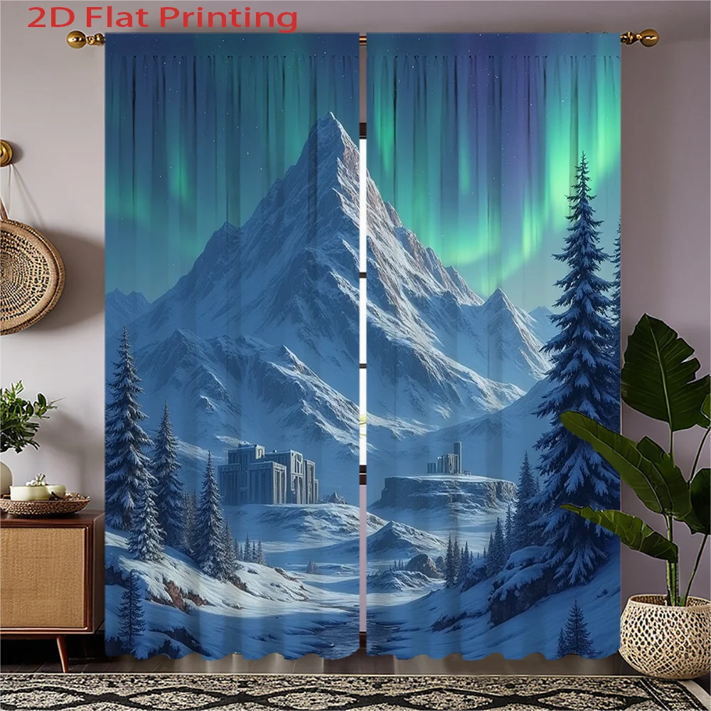 Aurora Borealis Curtains 2pcs Northern Lights Over Snowy Mountains & Forest, Fantasy Landscape Decor for Living Room and Bedroom