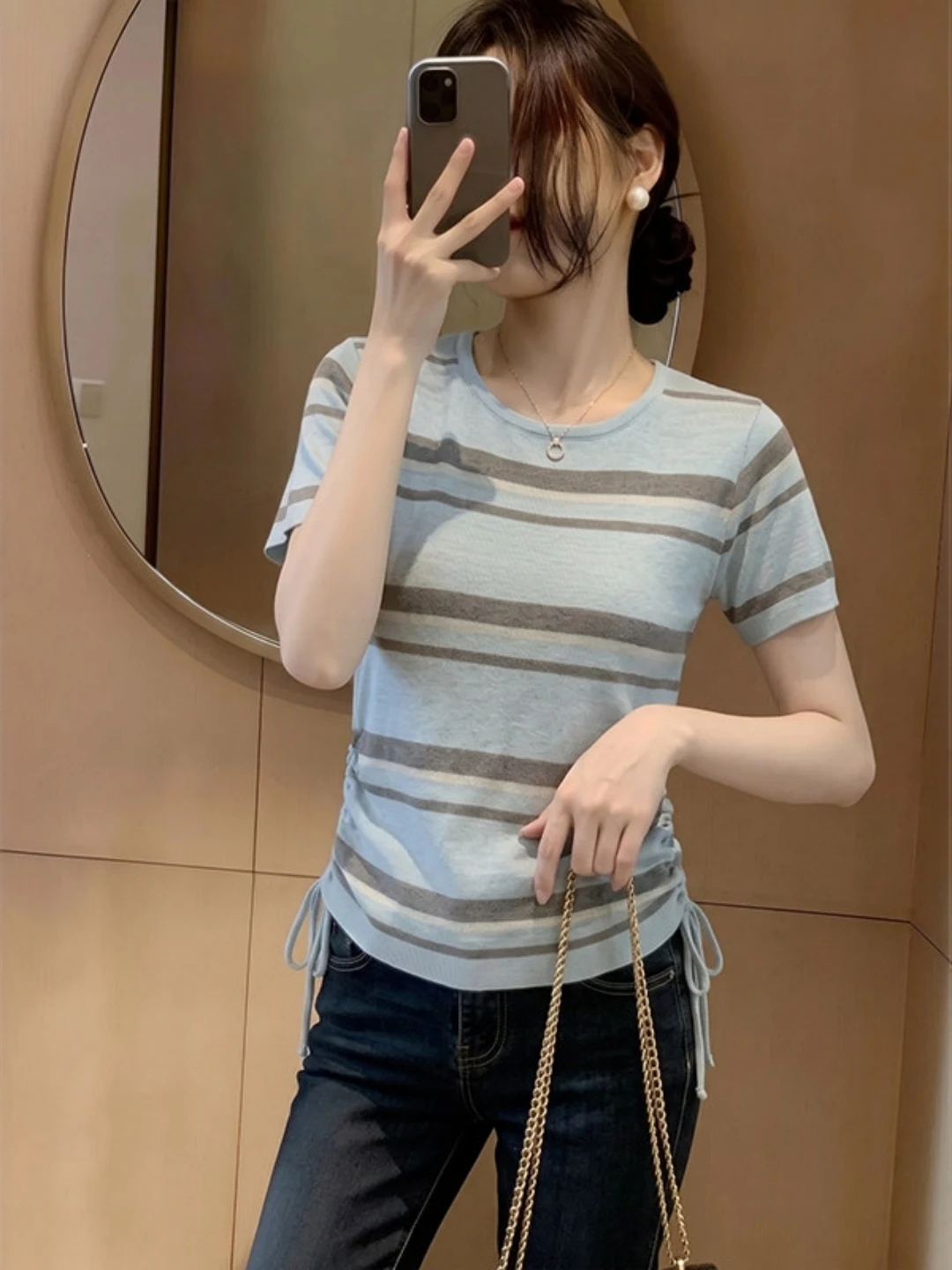 Blue Striped round Neck Short Sleeve Knitted Top Women Summer plus Size Waist Cinched Shoulder Design Sense Drawstring Top