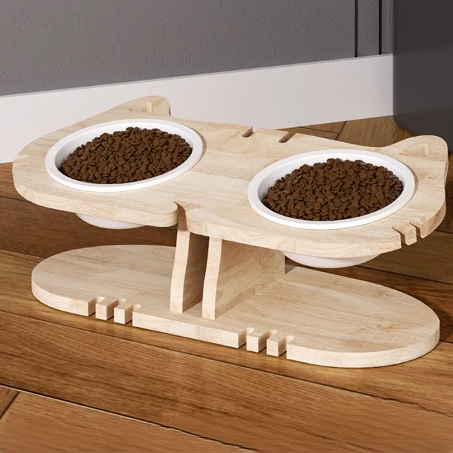 

Ceramic Cat Bowl Solid Wood Double Row Neck Protection Anti Overturning Oak Bowl 15 ° Inclined Water Bowl Cat Food Basin