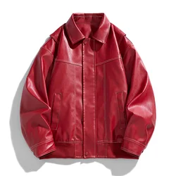 Chaqueta Retro americana de cuero PU para hombre, chaqueta roja con cuello de solapa, chaquetas de cuero de moda holgadas informales, abrigo Harajuku callejero para pareja