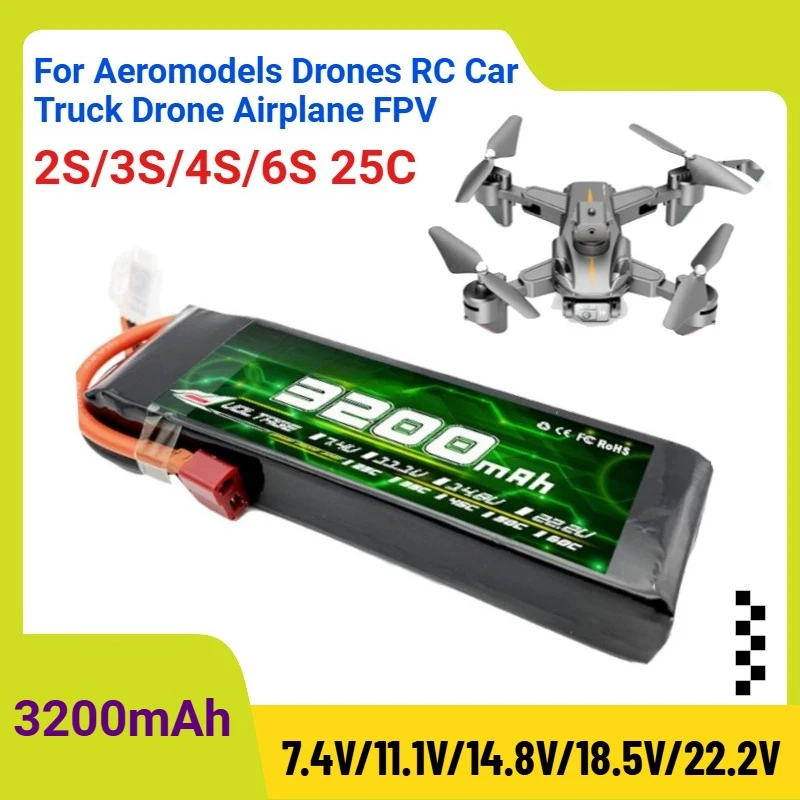 3200mAh 2S/3S/4S/6S 25C 7.4V/11.1V/14.8V/18.5V/22.2V Lipo Battery for Aeromodels Drones RC Car Truck Drone Airplane FPV