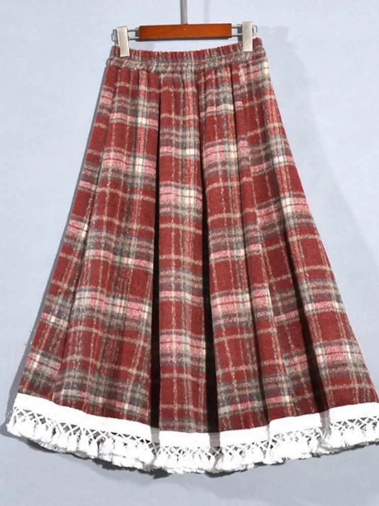 인조 울 레드 체크 롱 스커트 여성 하이웨이스트 빈티지 스위트 스커트 캐주얼 한국 가을 겨울 소프트 프레피 스타일 롱 스커트