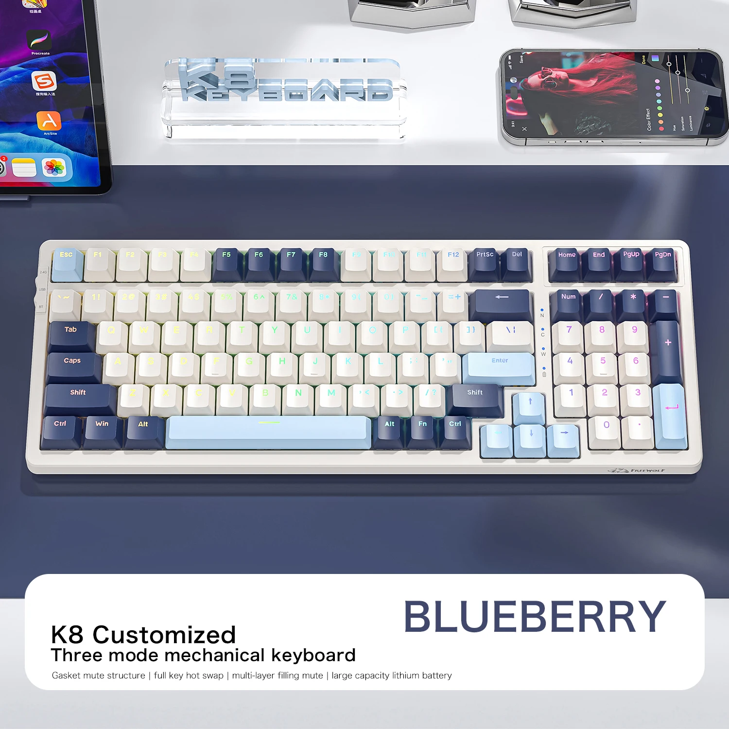 K8 Tri-Mode Wireless Mechanical Keyboard Bluetooth/2.4G/Wired, Gasket Structure, RGB Backlit, 100 Keys Hot-Swap for Gamer