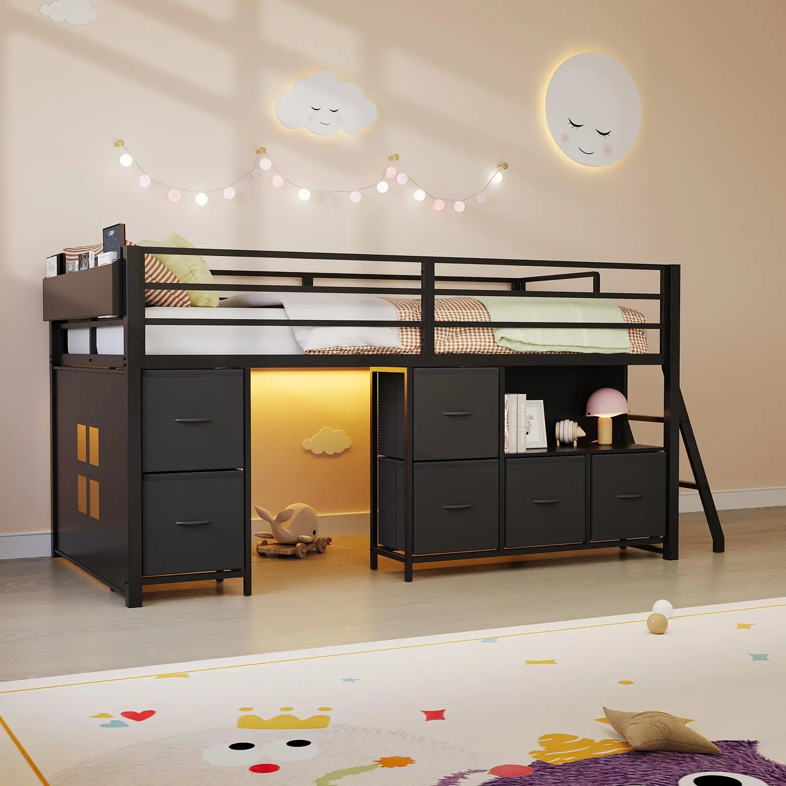 Twin Twin Loft Bed with Built-in Desk, 6 Storage Drawers & LED Lights – Sturdy Steel Frame, High Guardrail for Kids - Aliexpress Deal