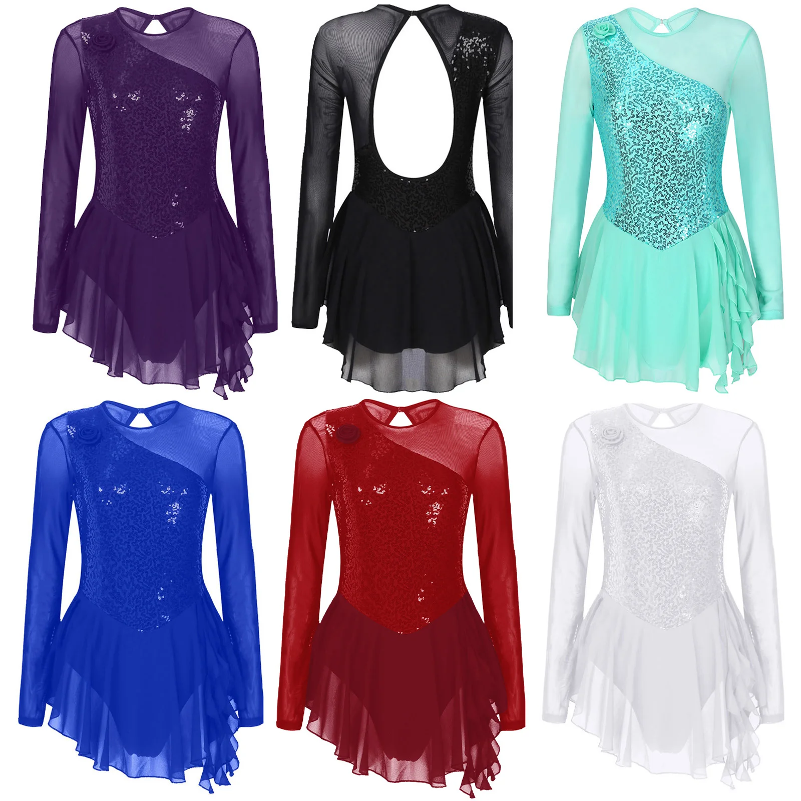 Women Long Sleeves Gymnastics Skirted Leotard Ballet Dancewear Shiny Rhinestones Figure Ice Skating Dress Performance Costume