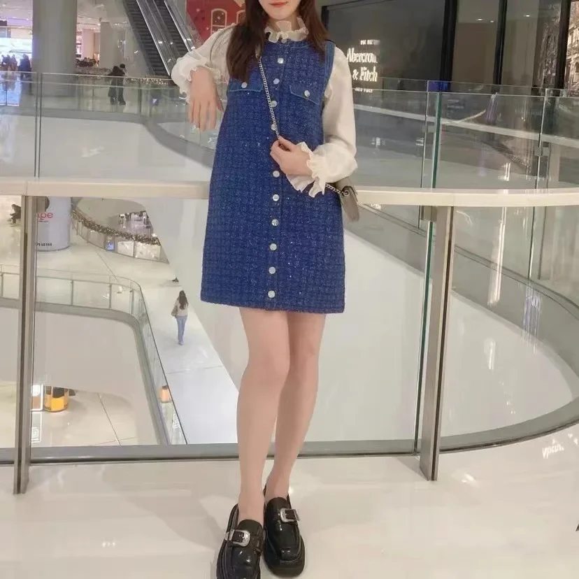 Women Blue Denim Dress Single Breasted Round Neck Sleeveless Elegant Summer 2024 Mini Robe