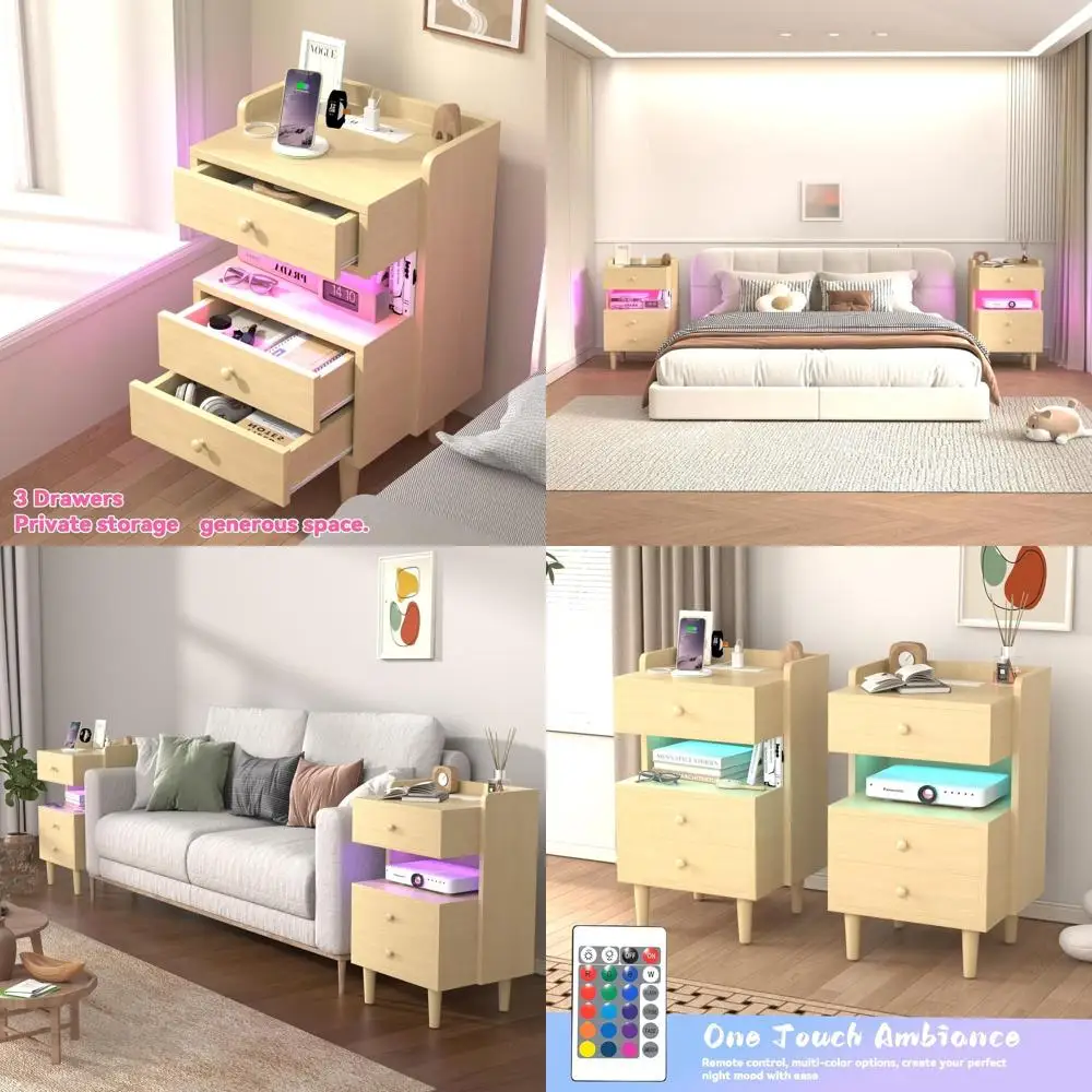 

3-Drawer Charging Station Nightstand with Open Shelf for Bedroom and Living Room