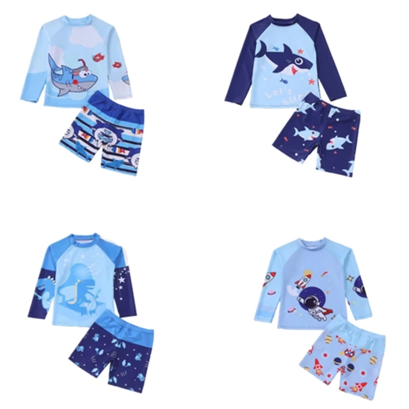 

Boy Two Pieces Swimsuit Set with Swimming Trunks Kids Long Sleeve Rashguard Bathing Suit with Swim Shorts for Training
