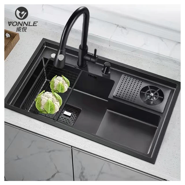 

Hot Selling Stainless Steel Kitchen Sink With Cup Washer Black Nano Stainless Steel Multi-function Sink