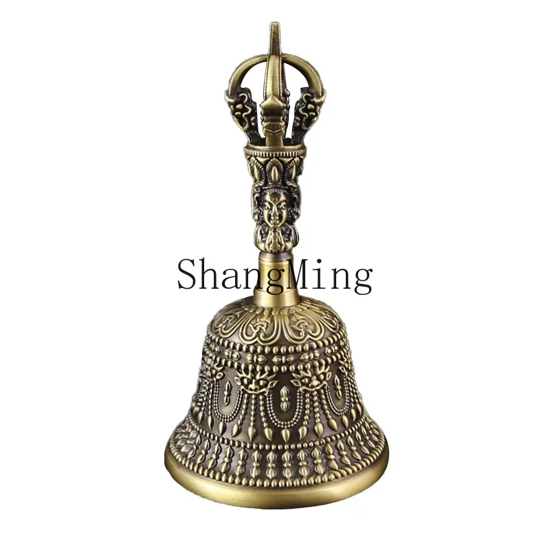 CLL carved rattle copper bell with handle, hand-cranked bell ornament, school class home desktop decoration brass bell