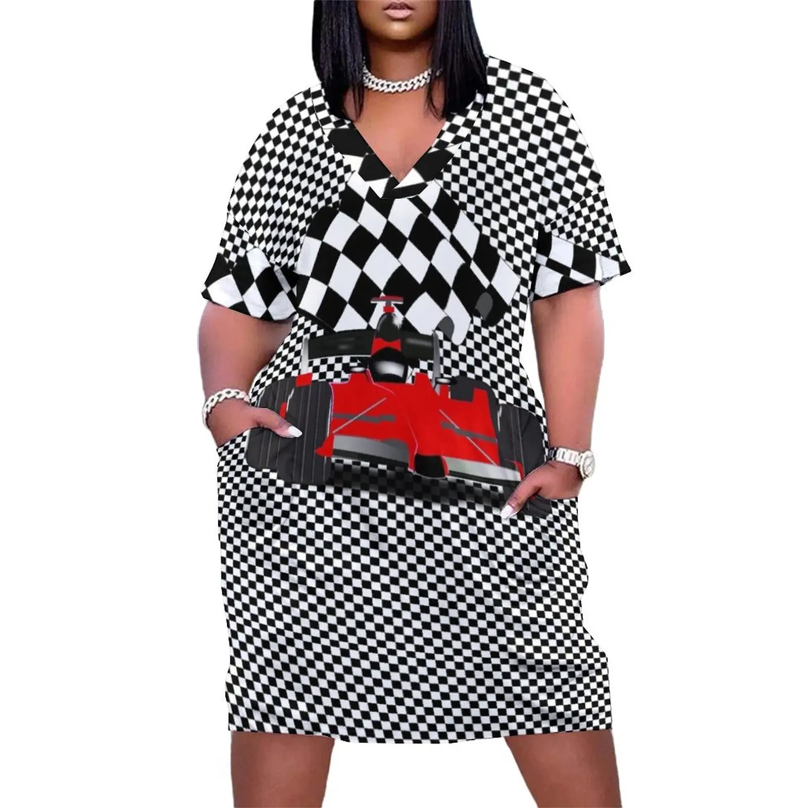 

Red Race Car with Checkered Flag Loose Pocket Dress Clothing female dresses for woman 2024