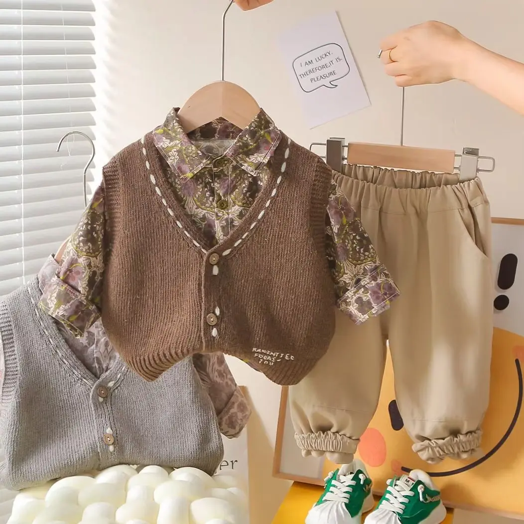 

Autumn floral Style Kid Boys 3PCS Clothes Set Long Sleeve KoreanShirt Knitted Vest Western Lantern Casual Pants 3-Piece Toddler
