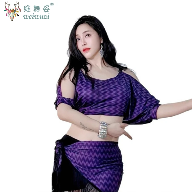 Prática de dança do ventre modal topo manga curta ou saia borla roupas prática temperamento feminino desempenho exercício roupas
