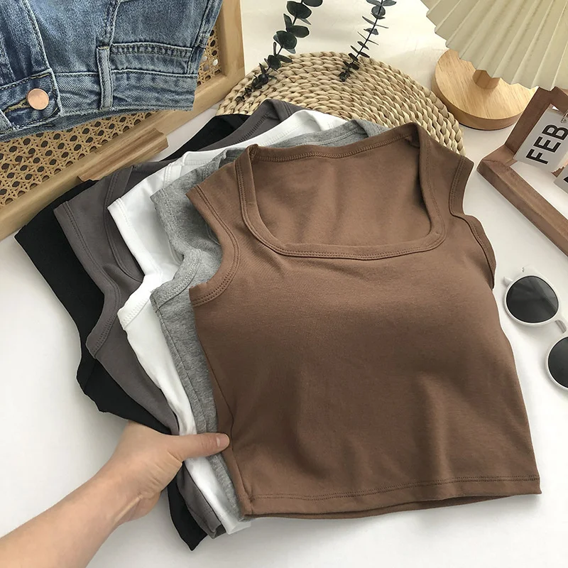 Underwear Wide Shoulder Beauty Back Vest Integrated Fixed Cup Wrapped Chest Tube Top Solid Color Square Collar Outer Wear Bottom